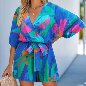 Cupshe NWT Wild Zephyr Blue Tropical Romper Vibrant Cover up